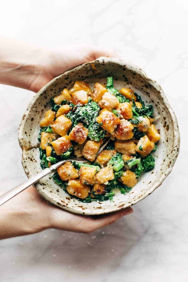 Sweet Potato Gnocchi with Broccoli and Sage . Garlic Butter Sauce