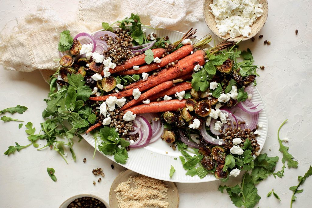 plant based reset - roasted carrot and brussels sprouts salad with lentils