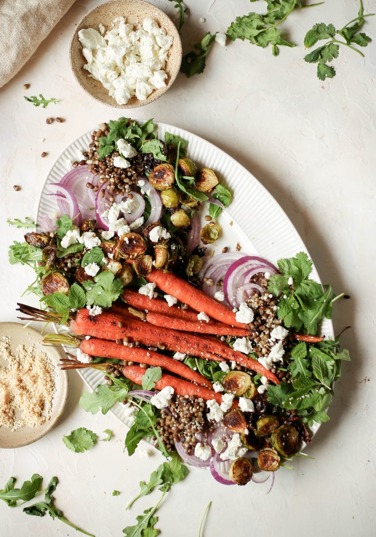 plant based reset - roasted carrot and brussels sprouts salad with lentils_cycle syncing planner