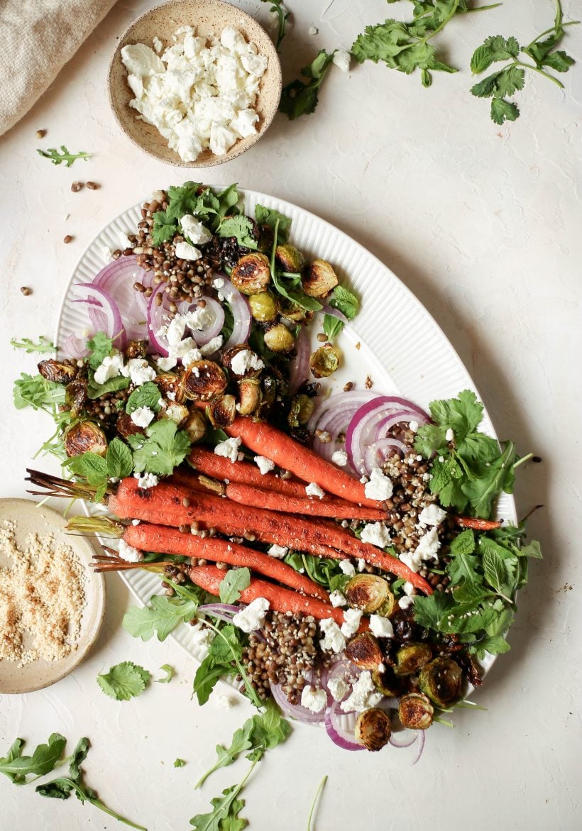 plant based reset - roasted carrot and brussels sprouts salad with lentils