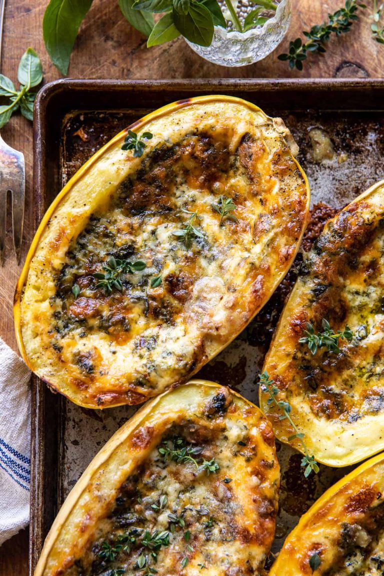 4 Cheese Grilled Garlic Alfredo Spaghetti Stuffed Squash_ pre-harvested harvest