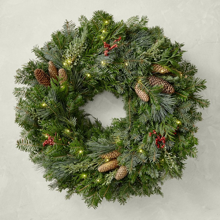 West Elm Fresh Evergreen & Pinecones Wreath with Lights