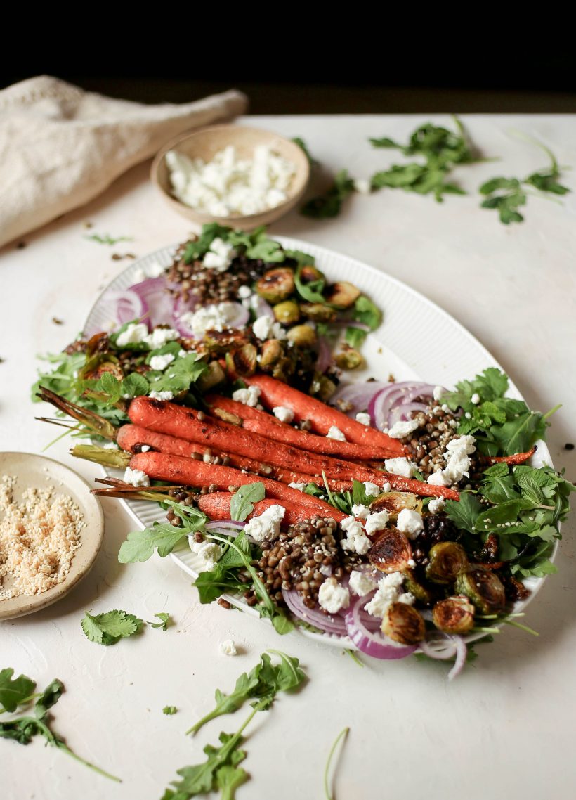 plant based reset - roasted carrot and brussels sprouts salad with lentils