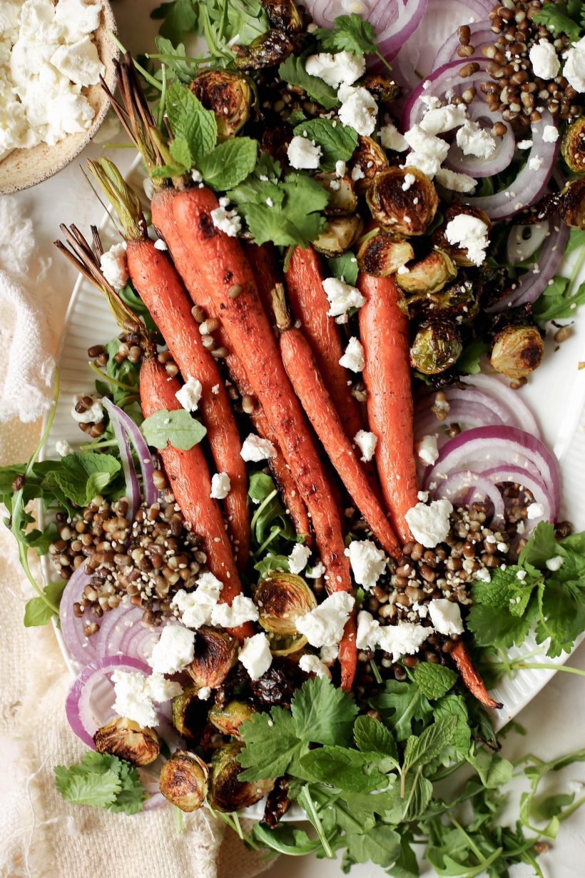 plant based reset - roasted carrot and brussels sprouts salad with lentils