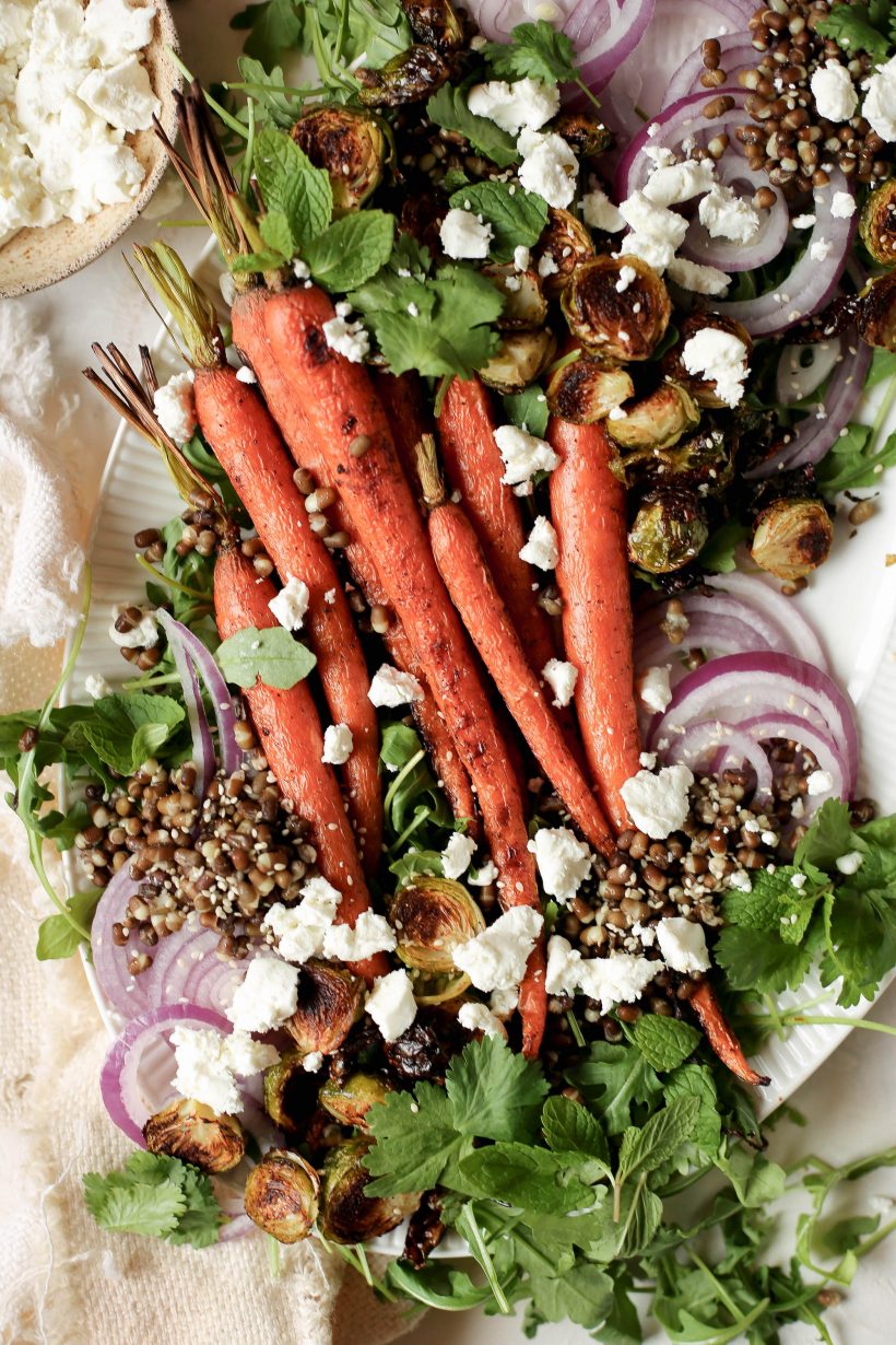 plant-based reset - roasted carrots and Brussels sprouts with lentils