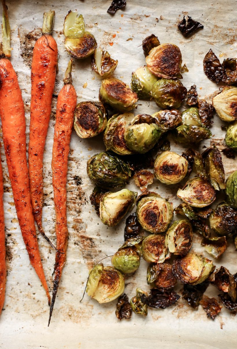 plant based reset - roasted carrot and brussels sprouts salad with lentils