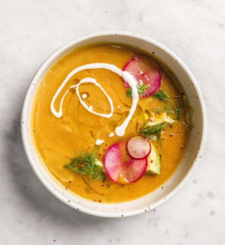 Spicy(ish) Kabocha Pumpkin Soup with Dill, Radish and Edible Raw Avocado