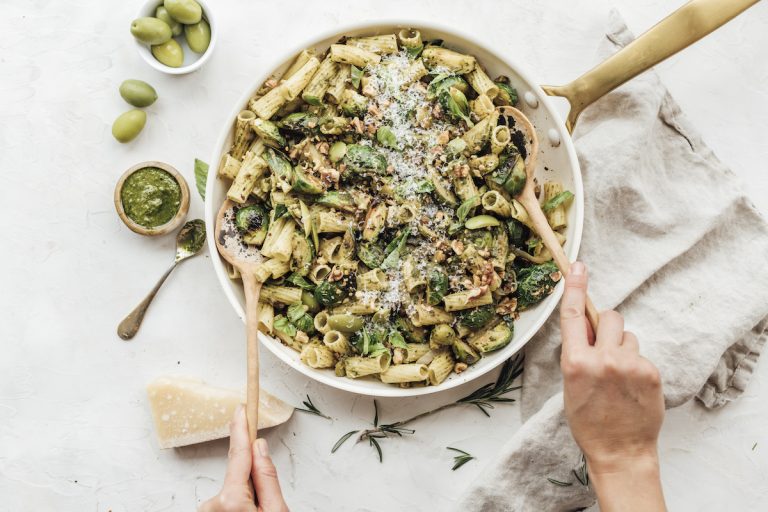 Rigatoni is healthy and delicious with Brussels sprouts and Street Pesto