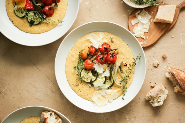 creamy polenta with parmesan and garlic, served with roasted vegetables