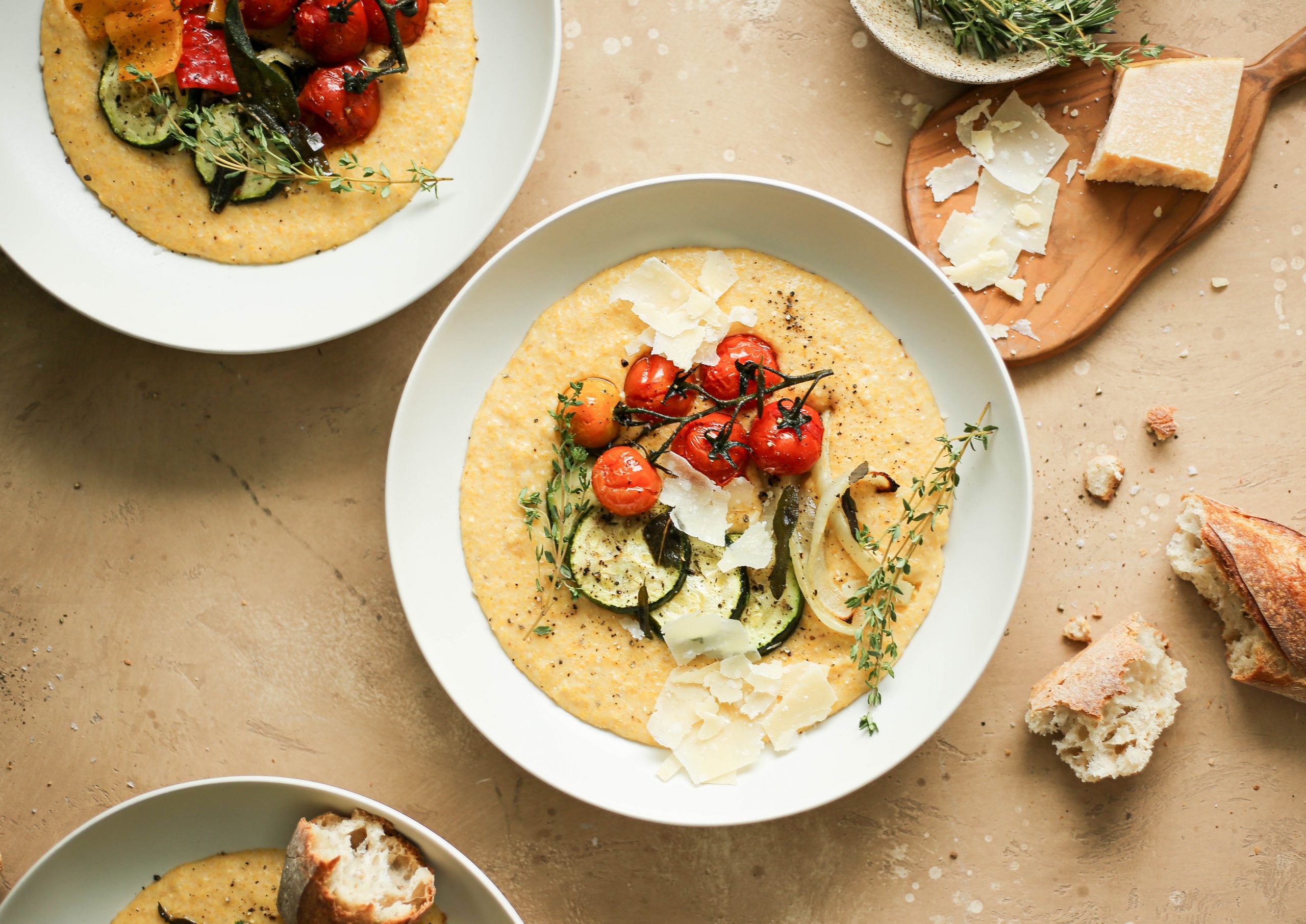 creamy polenta with parmesan and garlic, served with roasted vegetables