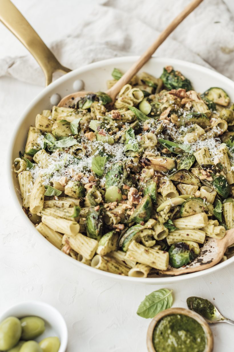 Rigatoni with Brussels Sprouts, Kale Pesto, and Lemon--easy and healthy pasta dinner recipe
