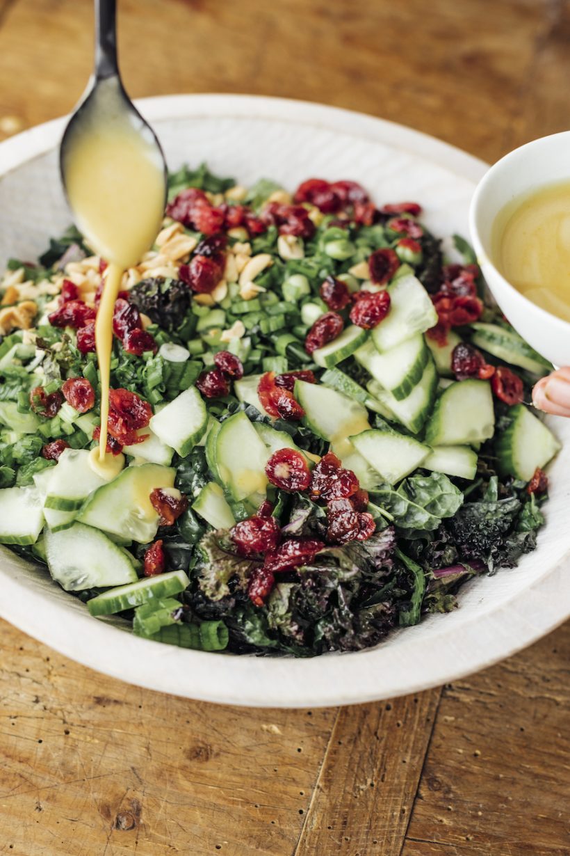 shredded kale salad with cranberries and peanuts, how to make the best kale salad