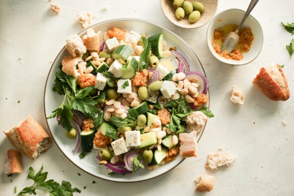 this white bean and feta salad is made special with a honey charred lemon dressing