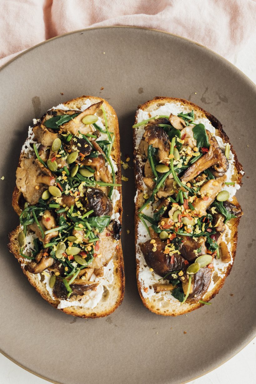 mushroom toast with arugula and lemon - plant-based breakfast recipe ideas