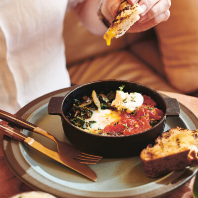 Baked green eggs with roast tomato and chilli salsa