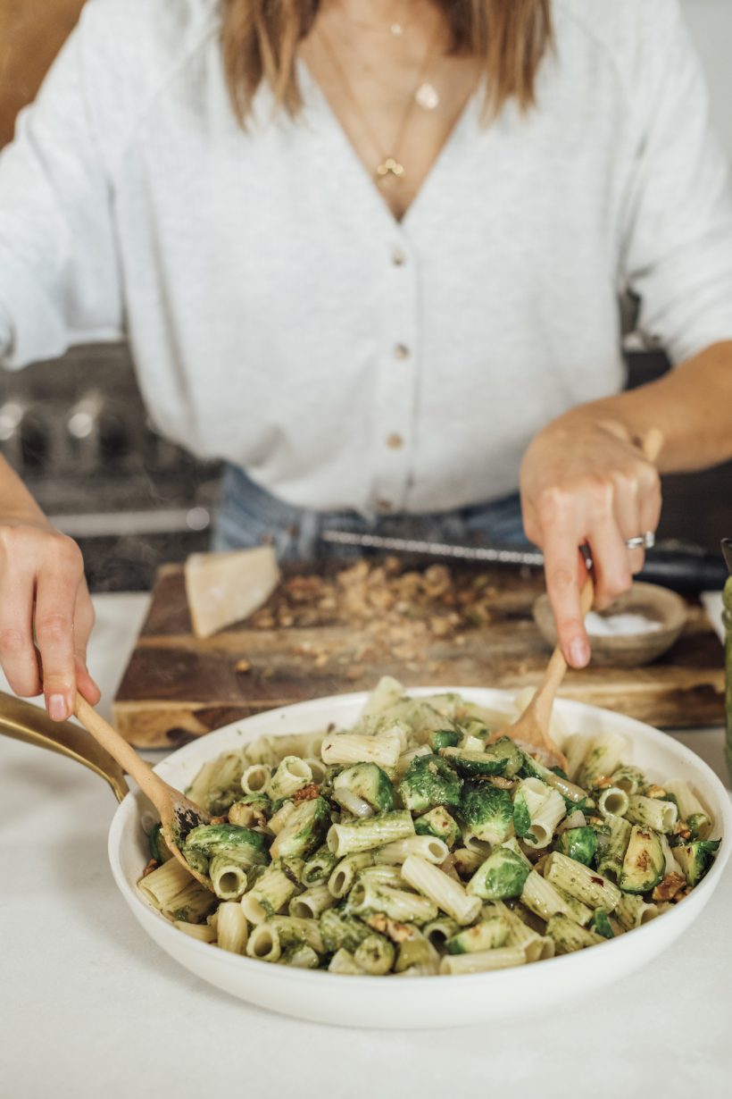 Rigatoni with Brussels sprouts, Street Pesto and Lemon - an easy and healthy pasta dinner recipe