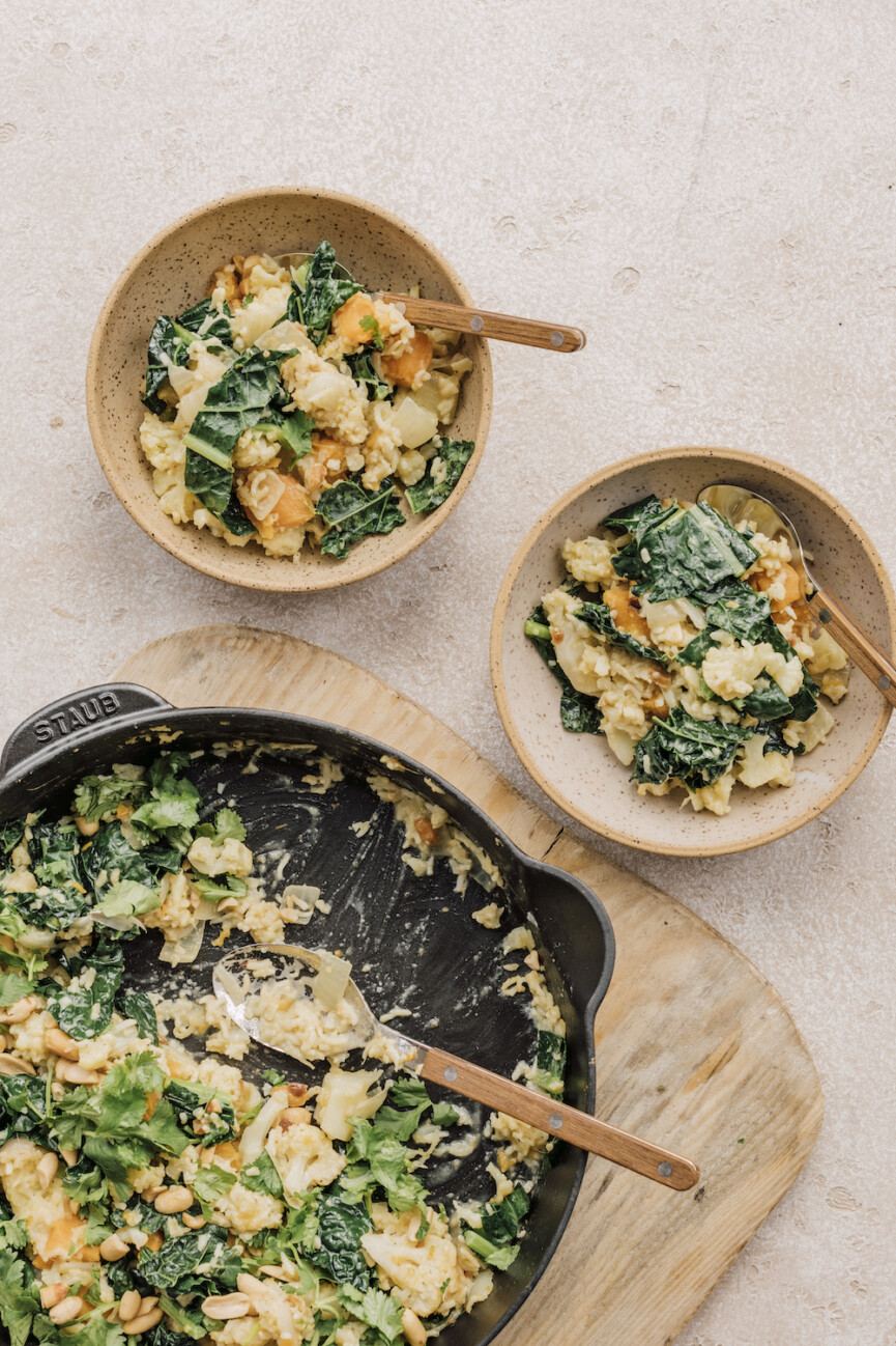 sheet pan vegetarian curry with cauliflower and kale