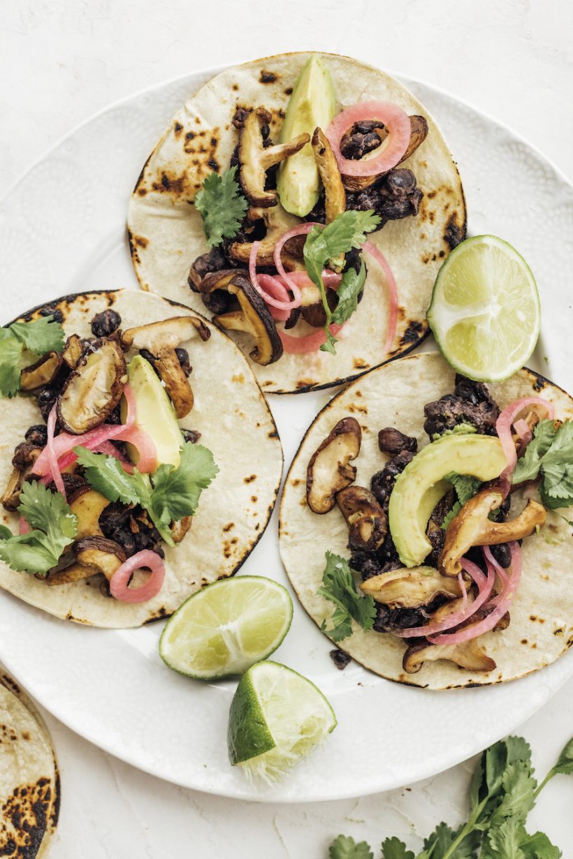 mushrooms and black beans tacos are a delicious dinner made from plants