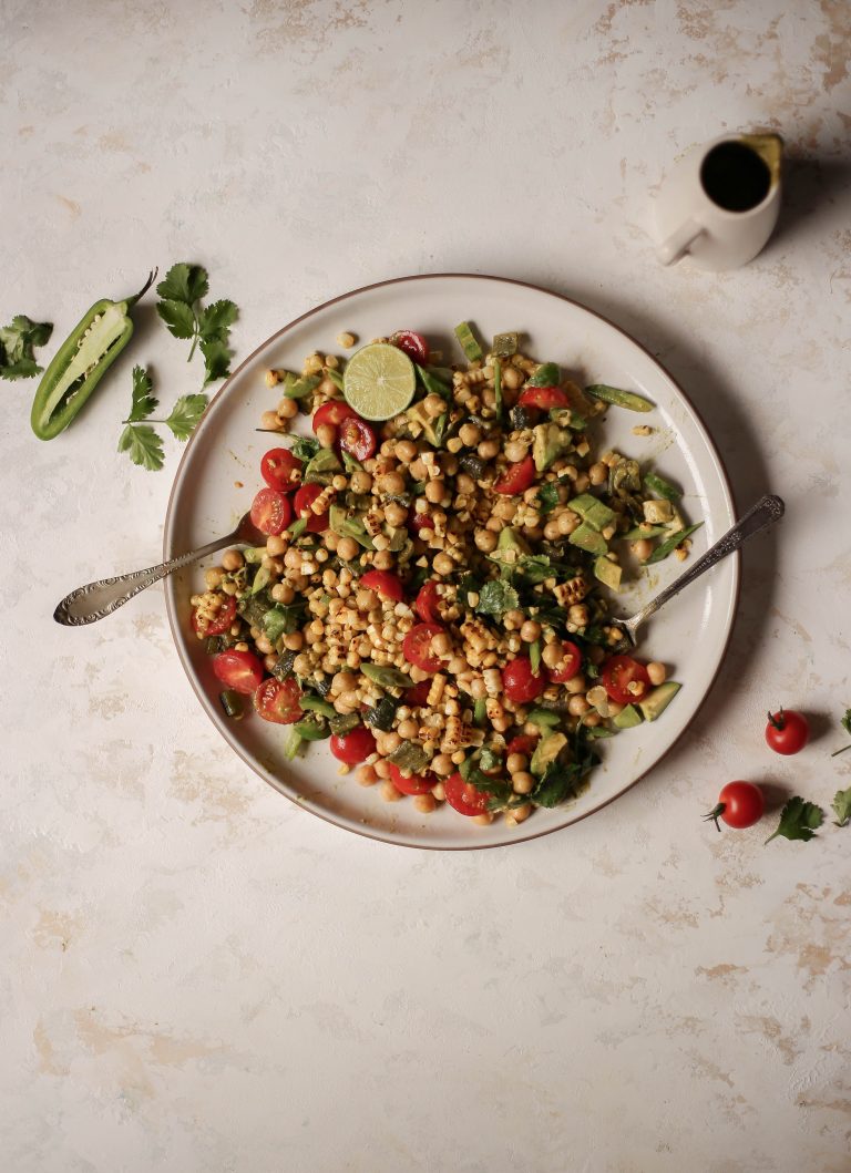 Grilled Corn, Chickpeas and Avocado Salad with Poblano Vinaigrette_vegan bbq recipe