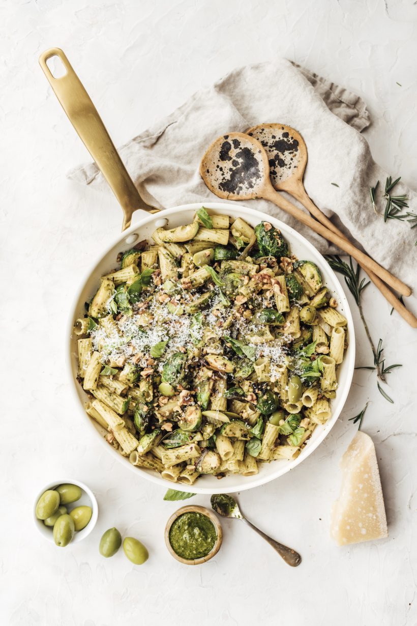 Rigatoni with Brussels Sprouts, Kale Pesto, and Lemon--easy and healthy pasta dinner recipe