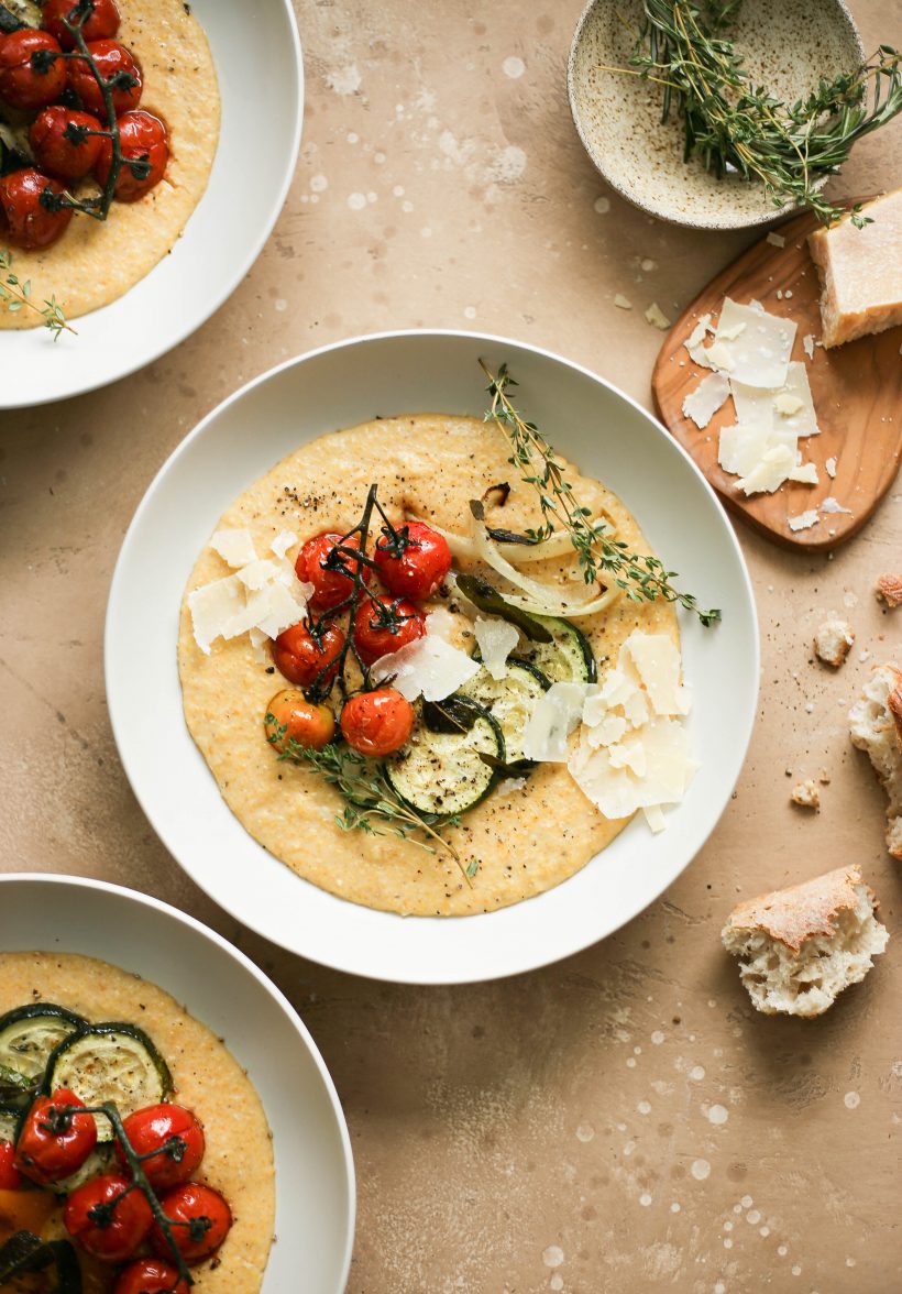 creamy polenta with parmesan and garlic, served with roasted vegetables