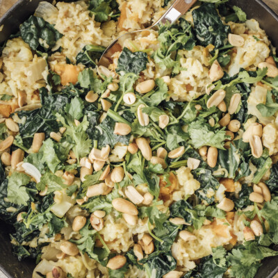 sheet pan vegetarian curry with cauliflower and kale