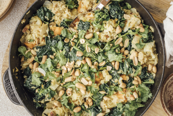 sheet pan vegetarian curry with cauliflower and kale