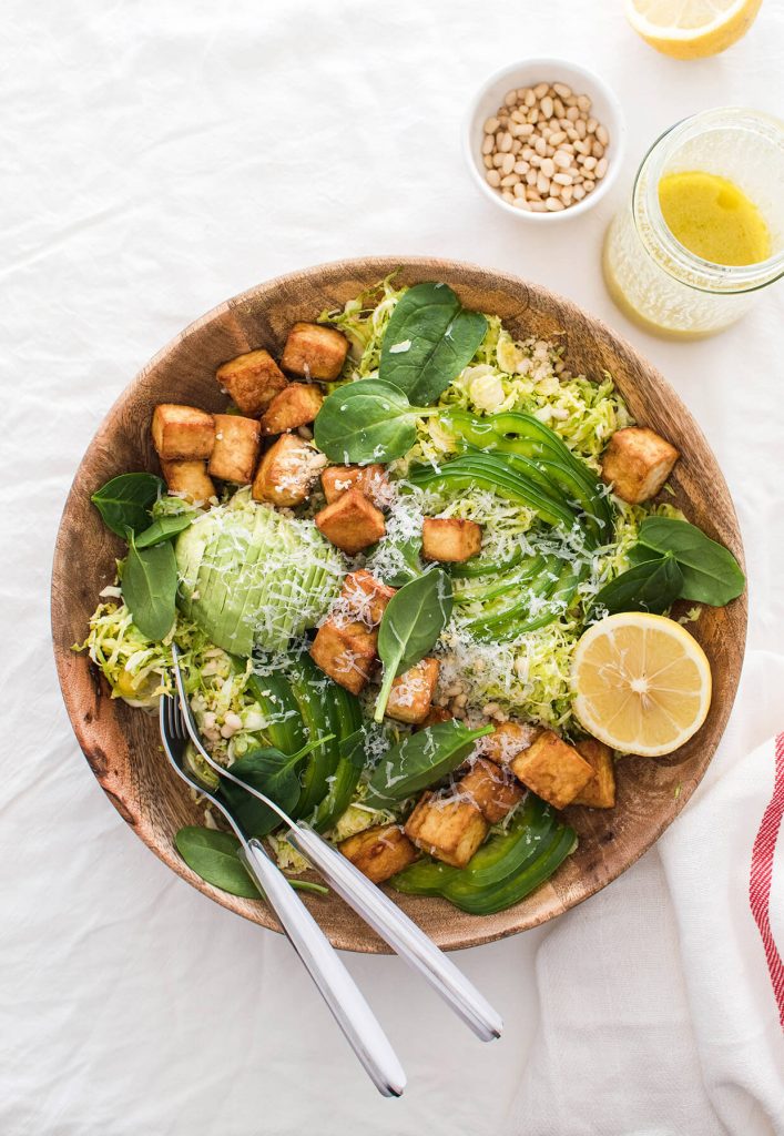 Crispy Tofu Shaved Brussels Sprout Salad With Honey Mustard Dressing_salad ideas for lunch