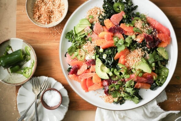 kale salad with winter citrus and spicy tahini vinaigrette