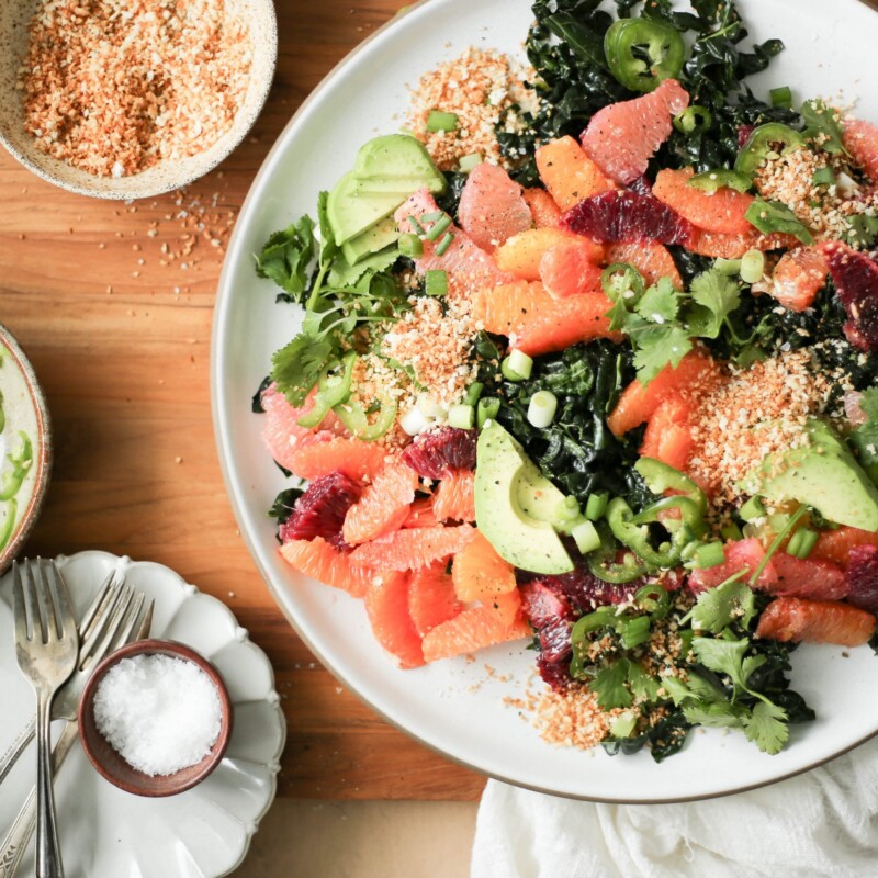 kale salad with winter citrus and spicy tahini vinaigrette