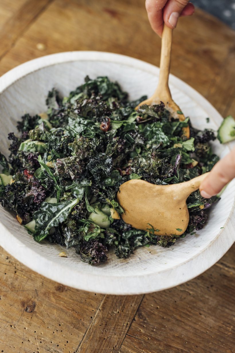 chopped kale salad with cranberries and peanuts, how to massage kale