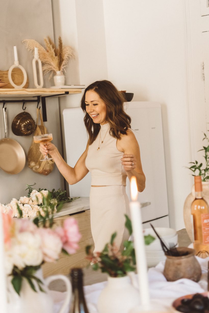 Valentine's Brunch, Pink Rosé Champagne, and Flowers Peonies, pink outfit