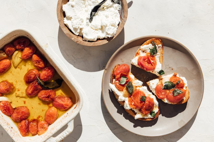 Bruschetta with slow roasted cherry tomatoes and ricotta