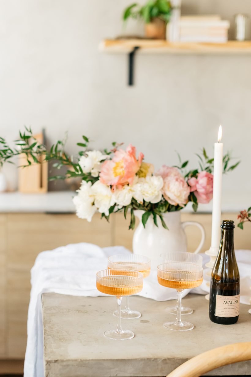 Valentine's Brunch, Pink Rosé Champagne, and Flowers Peonies