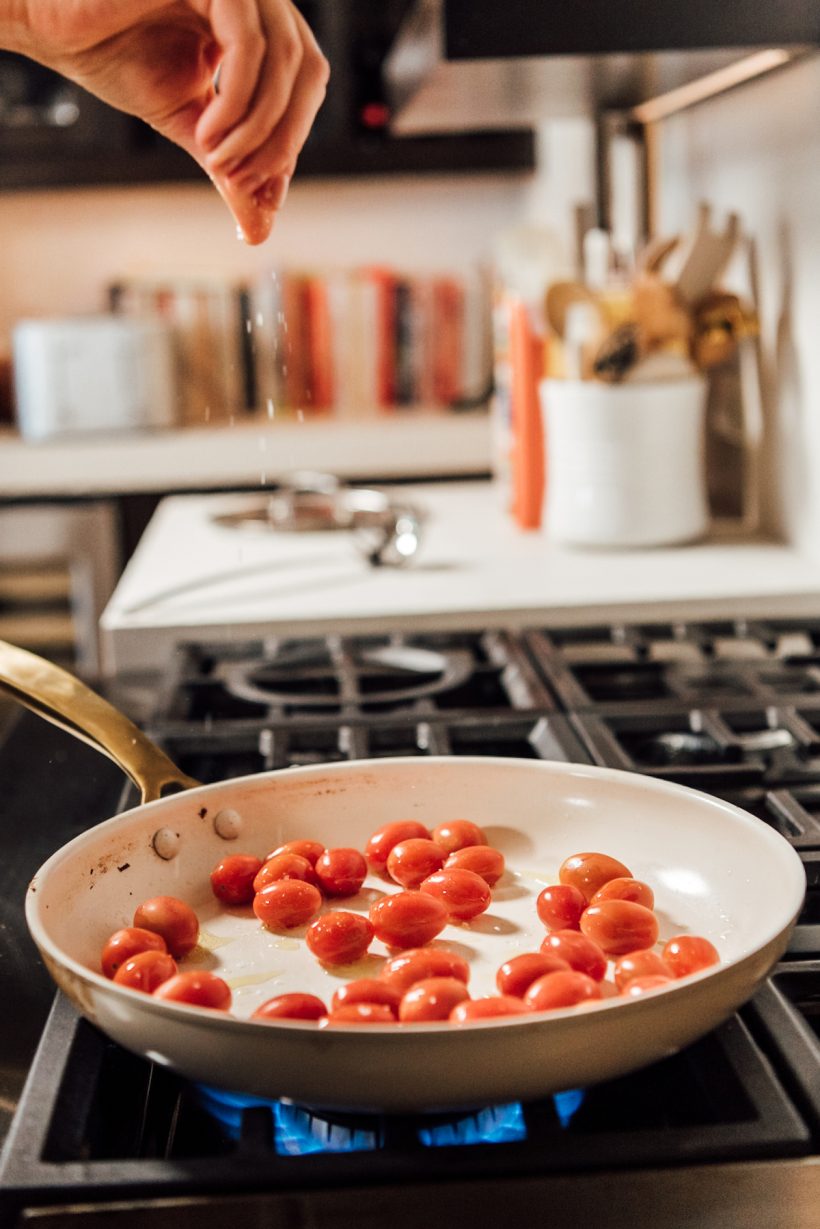 creamy vegan pasta with grilled tomatoes