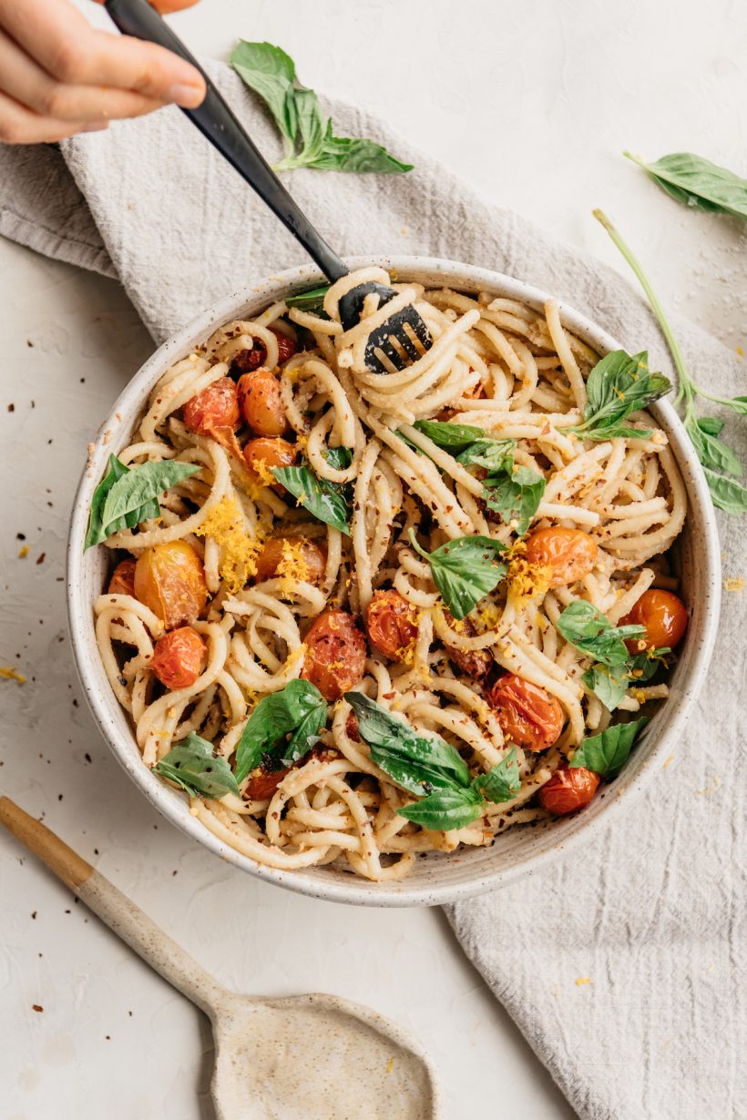 One-pot vegan pasta with grilled tomatoes and basil, easy plant-based dinner