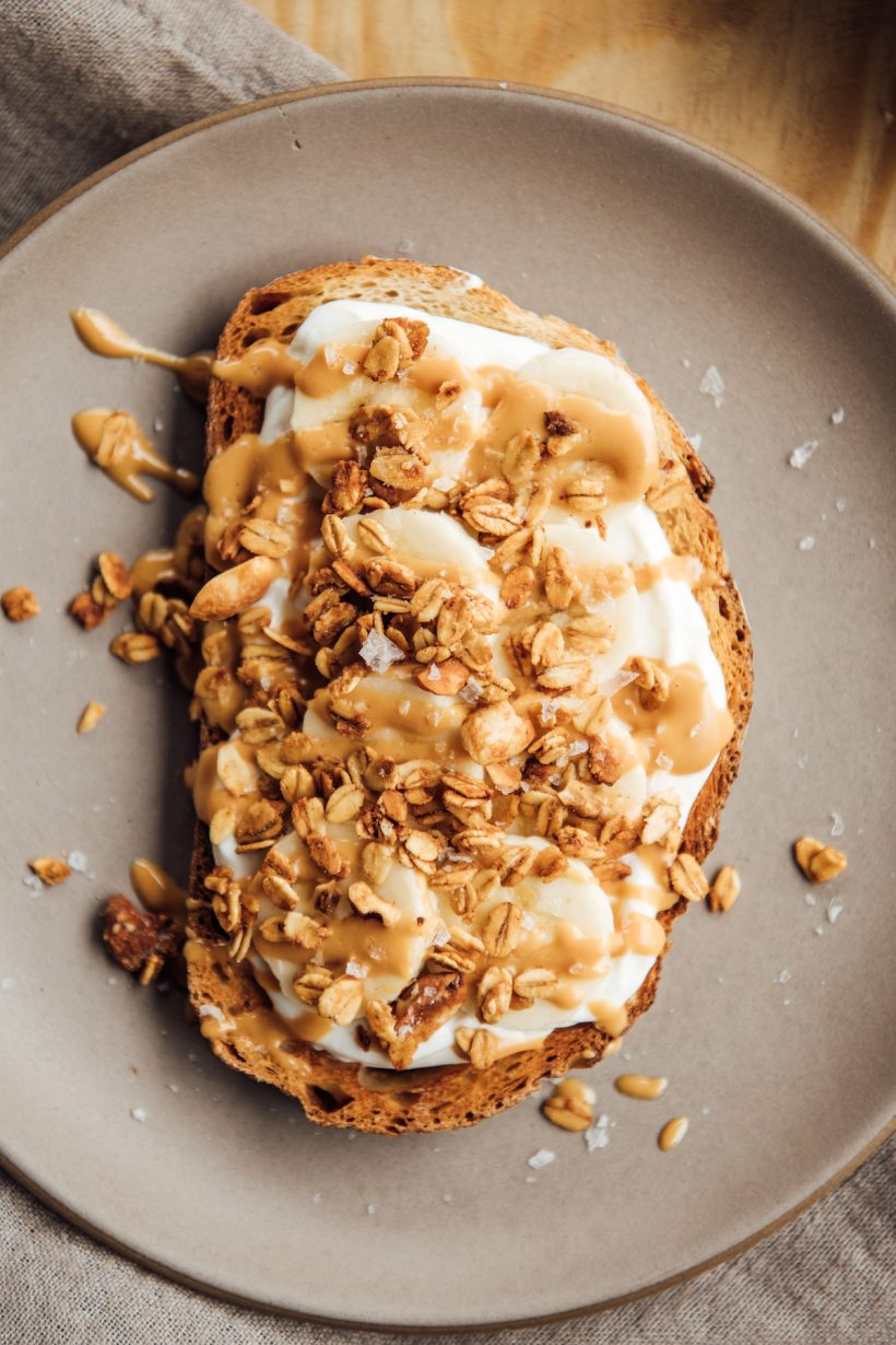 yogurt toast with peanut butter and banana