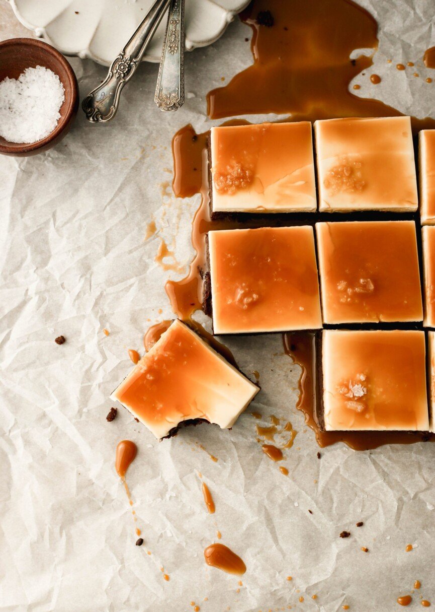 Salted Caramel Cheesecake Brownies are the indulgent dessert to make tonight_healthy holiday ingredient swaps