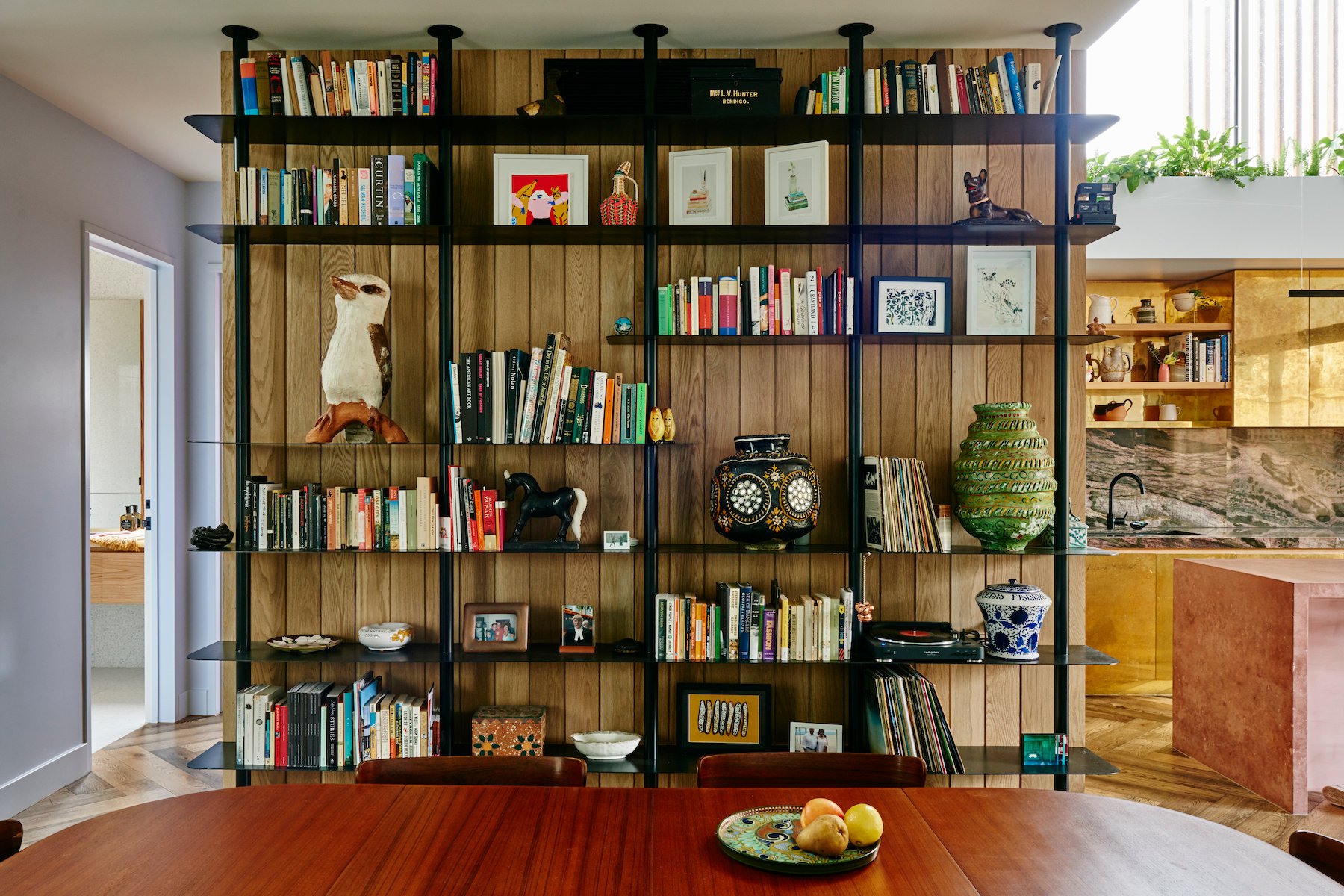living room decorate top of bookshelf