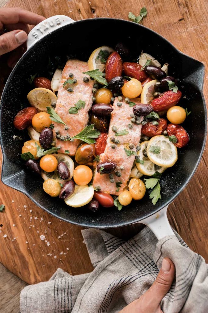 Mediterranean Baked Salmon with Tomatoes, Capers, & Olives
