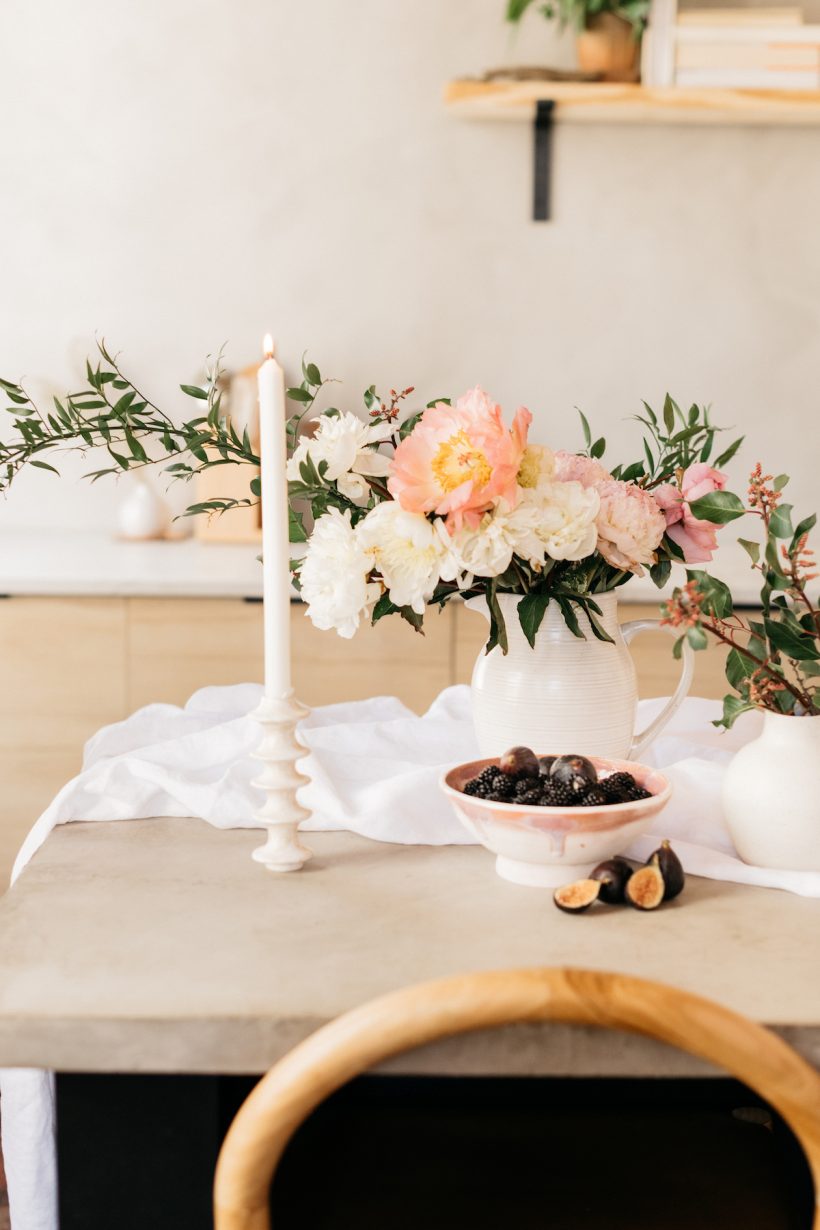 Valentine's Day table setting ideas, peonies floral centerpiece, romantic decor