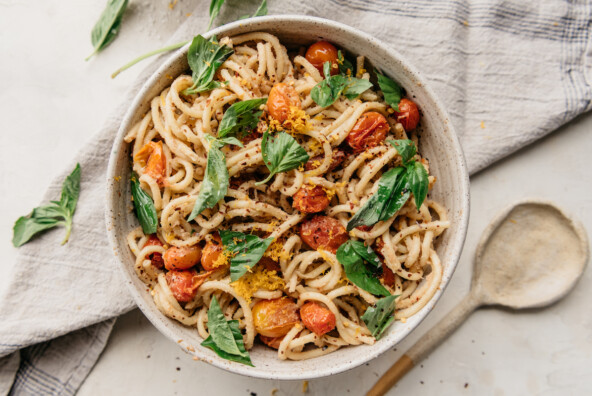 creamy one-pot vegan pasta with roasted tomatoes and basil, easy plant-based dinner