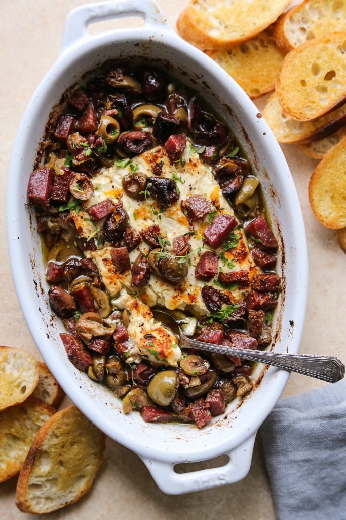 baked olives with feta sopressata and thyme