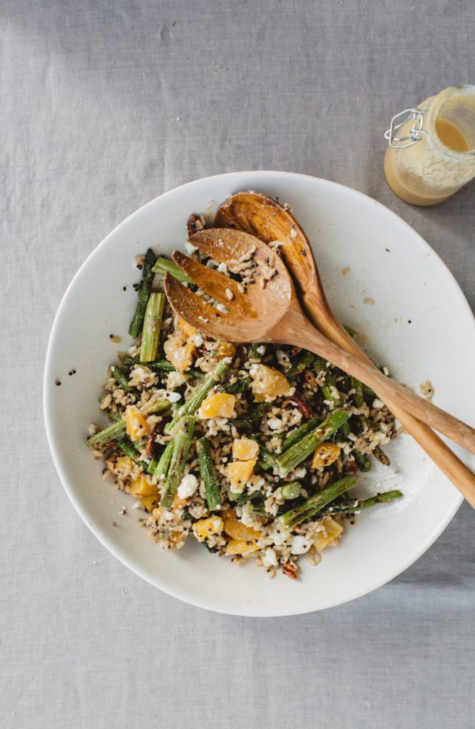 Asparagus, Quinoa, and Rice Salad With Goat Cheese and Maple-Tahini Dressing_quick asparagus recipes