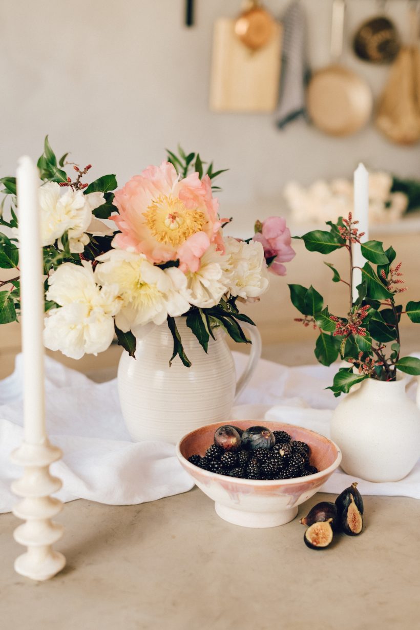 Valentine's Table Setting Ideas, Peonies Floral Centerpiece,, Flowers, Berries, Romantic Decor