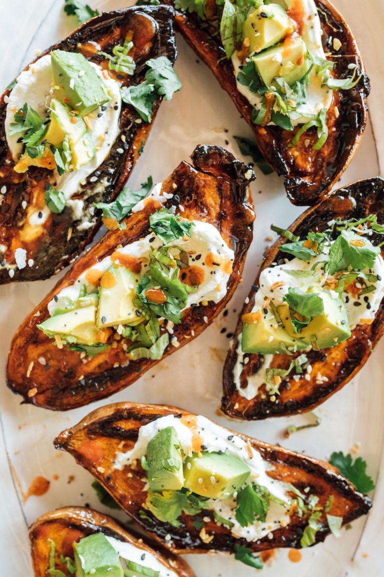 Crispy roasted sweet potatoes with yogurt, herbs and all things spicy_easy weeknight dinner recipes