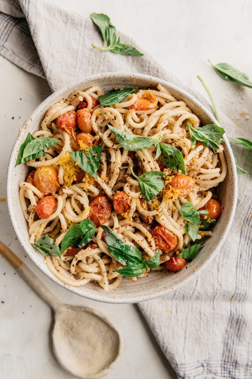 One-pot vegan pasta with grilled tomatoes and basil, easy plant-based dinner