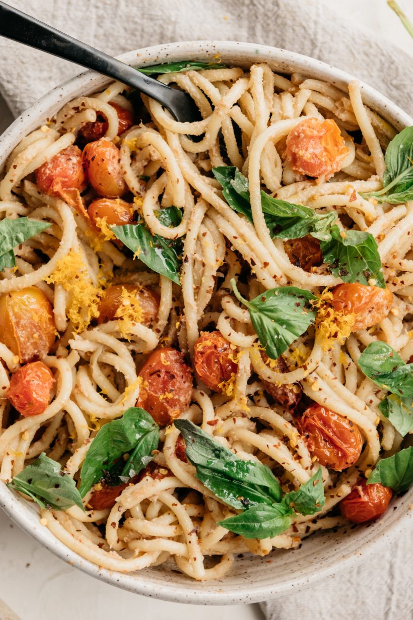 One-pot vegan pasta with grilled tomatoes and basil, easy plant-based dinner