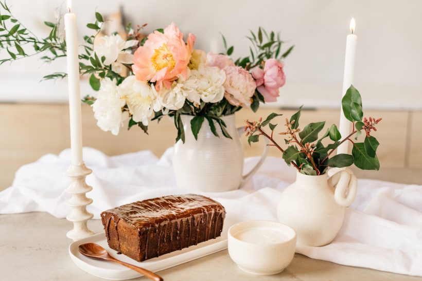 Valentine's Brunch Menu, Chocolate Cake and Flowers Peonies