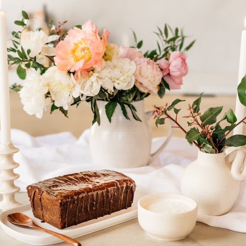 classic chocolate poundcake, easy valentine's dessert, peonies flowers, romance, gifts